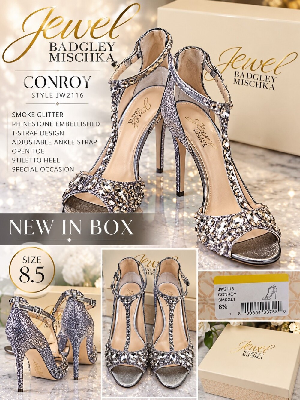 Jewel Badgley Mischka Conroy Smoke Glitter Rhinestone Heels Size 8.5 NIB